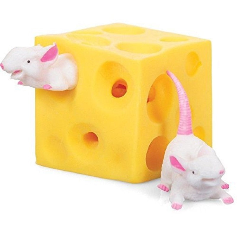 Funny Mice and Cheese finger Squeeze Toys Slime Extrusion Stretchy Mice Hide In Cheese Hole Block Latex Stressbusting Fidget Toy